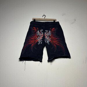 Shein Short Men 34 Black Embroidered Tribal Red Butterfly Abstract Pattern Skate